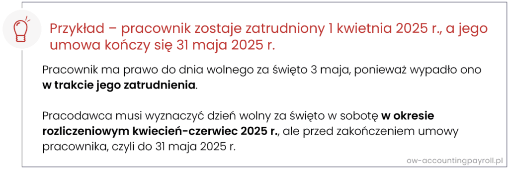 Odbiór dnia wolnego za święto w sobotę w maju - przykład